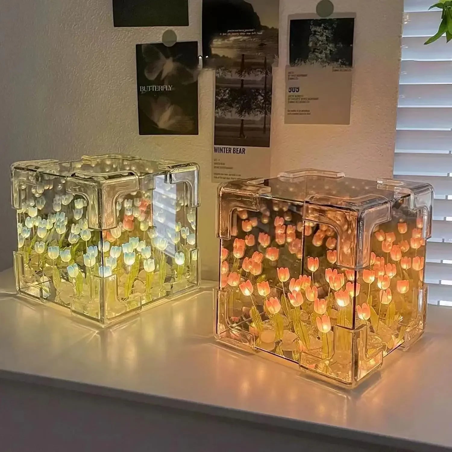 DIY Tulip Mirror Cube Lamp Simulation Flower Bedroom Sleeping Table Lamp Handmade Craft Tulips Mirror Night Light Birthday Gifts