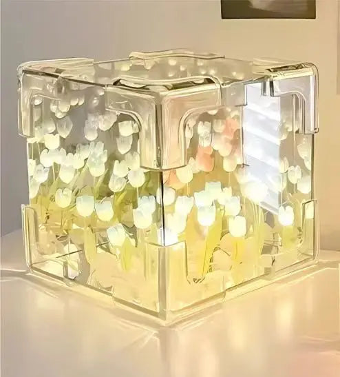 DIY Tulip Mirror Cube Lamp Simulation Flower Bedroom Sleeping Table Lamp Handmade Craft Tulips Mirror Night Light Birthday Gifts