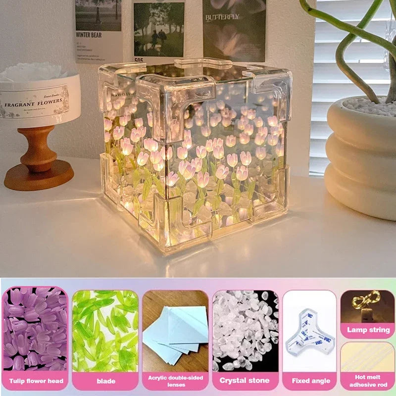 DIY Tulip Mirror Cube Lamp Simulation Flower Bedroom Sleeping Table Lamp Handmade Craft Tulips Mirror Night Light Birthday Gifts