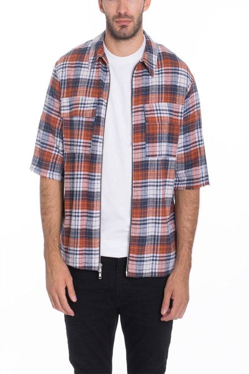 Mens Zip Up Flannel Short Sleeve Shirt S115