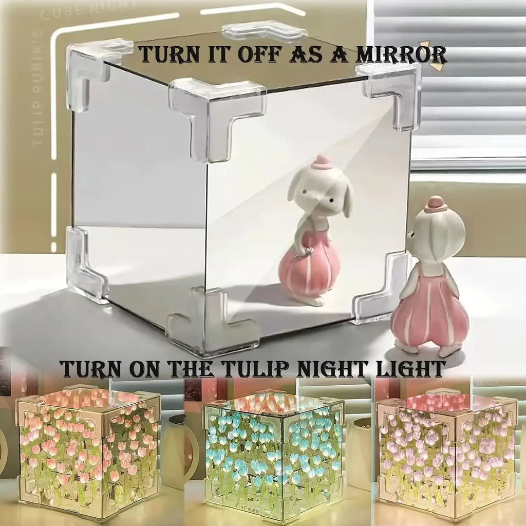 DIY Tulip Mirror Cube Lamp Simulation Flower Bedroom Sleeping Table Lamp Handmade Craft Tulips Mirror Night Light Birthday Gifts