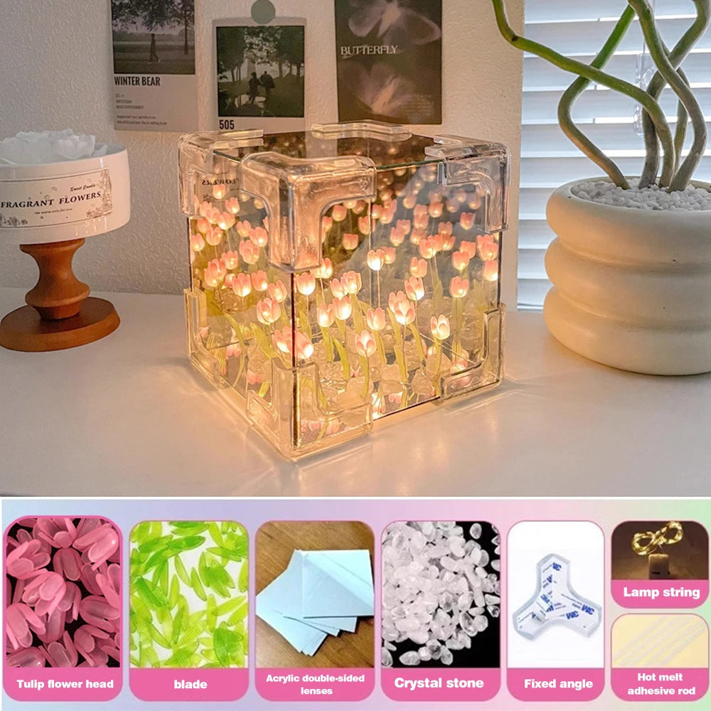 DIY Tulip Mirror Cube Lamp Simulation Flower Bedroom Sleeping Table Lamp Handmade Craft Tulips Mirror Night Light Birthday Gifts