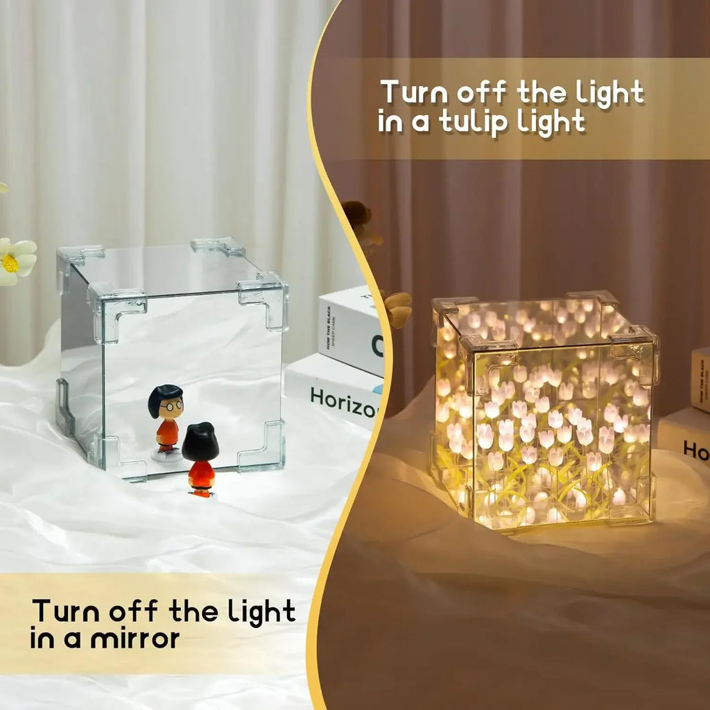 DIY Tulip Mirror Cube Lamp Simulation Flower Bedroom Sleeping Table Lamp Handmade Craft Tulips Mirror Night Light Birthday Gifts