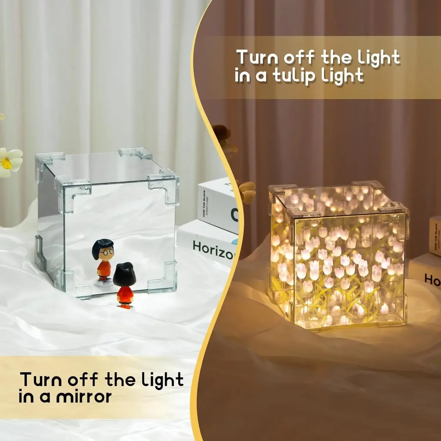DIY Tulip Mirror Cube Lamp Simulation Flower Bedroom Sleeping Table Lamp Handmade Craft Tulips Mirror Night Light Birthday Gifts
