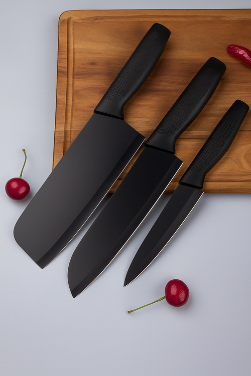 3-Piece Black Kitchen Knife Set – Chef, Utility & Paring Knives with